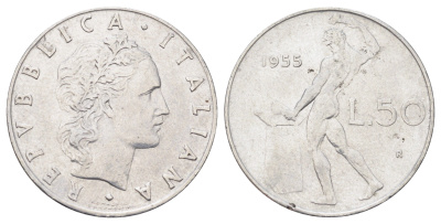 Италия 50 лир 1955 R, бог огня Вулкан у наковальни KM 95.1 нержавеющая сталь 3336-751