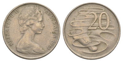 Австралия 20 центов 1967 Елизавета II (1952-2022), утконос KM 66 медно-никель 4384-747