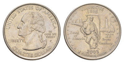 США 25 центов (квотер, 1/4 доллара) 2003 P, Квотер штата Иллинойс KM 343 медь плакированный медно-никелем UNC 4628-1227