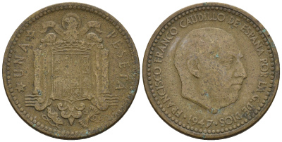 Испания 1 песета 1947 (48) Франциско Франко (1939-1975) KM 775 алюминиевая бронза 259-354