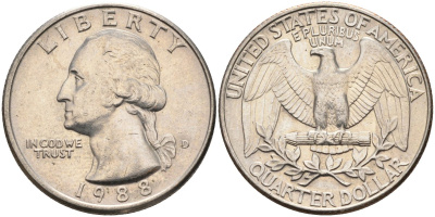 США 25 центов = квотер 1988 D, Вашингтон KM A164a медь плакированная медно-никелем 4584-1244