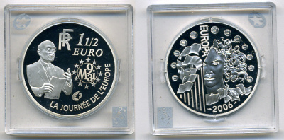 Франция 1 1/2 евро 2006 Декларация Шумана, день Европы 9 мая 1950 года KM 2037 серебро PROOF 01-143-12