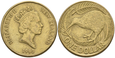 Новая Зеландия 1 доллар 1990 Елизавета II (1952-2022), птица киви KM 78 алюминиевая бронза 29-413