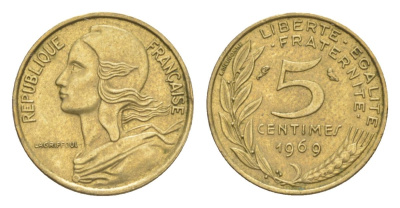 Франция 5 сантимов 1969 тип Morlon KM 933, Le Franc 125.5 алюминиевая бронза 4630-323