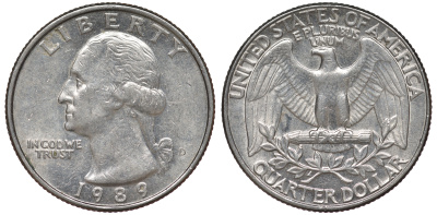 США 25 центов = квотер 1989 D, Вашингтон KM A164a медь плакированная медно-никелем 4556-1155