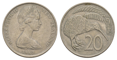 Новая Зеландия 20 центов 1967 Елизавета II (1952-2022), птичка киви KM 36.1 медно-никель 4653-244