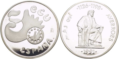 Испания 5 экю 1991 Аверроэс (Ибн Рушд) западно-арабский философ (1126-1198) серебро PROOF 11-177-24