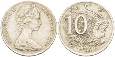 Австралия 10 центов 1974 Елизавета II (1952-), птица лирахвост KM 65 медно-никель 4519-415