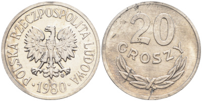 Польша 20 грошей 1980 MW KM А47 алюминий    4138-946
