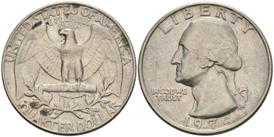 США 25 центов (квотер) 1974 Вашингтон KM 164a медь плакированная медно-никелем   4606-644