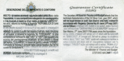 Сан-Марино 5 евро 2007 дирижер Артуро Тосканини, в оригинальной коробке, с сертификатом KM 474 серебро PROOF 2-4-2-11