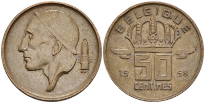 БЕЛЬГИЯ 50 САНТИМОВ 1958 BELGIQUE KM 148.1 бронза 4528-935