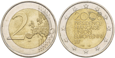 Франция 2 евро 2008 председательство в ЕС KM 1459 биметалл 216-1141