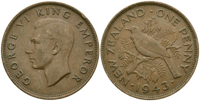 Новая Зеландия 1 пенни 1943 Георг VI (1936-1952), новозеландский туи KM 13 бронза 4165-1222
