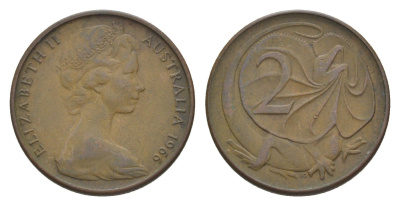 Австралия 2 цента 1966 Елизавета II (1952-), плащеносная ящерица KM 63 бронза 4643-349