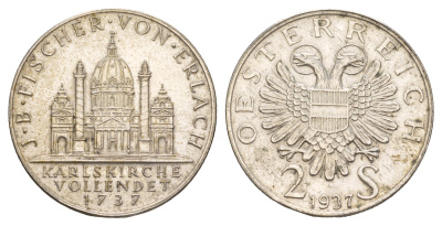 Австрия 2 шиллинга 1937 200 лет со дня завершения строительства церкви Святого Карла KM 2859 серебро 413-4242