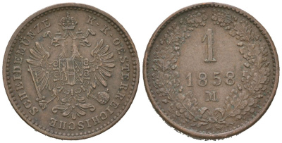 Австрия 1 крейцер 1858 M, Франц Иосиф I (1848-1916) KM 2186 медь 4617-338