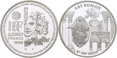 Франция 1 евро = 6,55957 франков 2000 романский стиль в архитектуре Средневековья (X-XII века) KM 1245 серебро PROOF 11-177-13