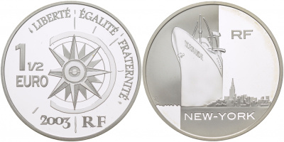 Франция 1 1/2 евро 2004 СЕРИЯ ТРАНСПОРТ, ОКЕАНСКИЙ ЛАЙНЕР НОРМАНДИЯ, КОРАБЛЬ, НЬЮ-ЙОРК KM 1378 серебро PROOF 04-313-41