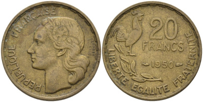 Франция 20 франков 1950 петух, полная подпись, 4 пера KM 916.1, Le Franc 401.3 алюминиевая бронза 4391-1132