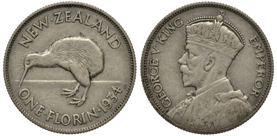 Новая Зеландия 1 флорин 1934 Георг V (1910-1936), птичка киви KM 4 серебро 272-1231