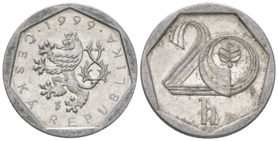 Чехия 20 геллеров 1999 b’ KM 2.3 алюминий aUNC 4532-1228