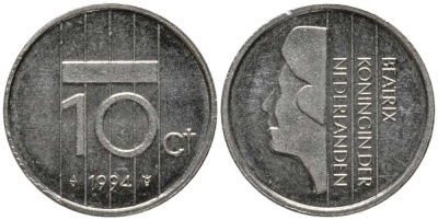 НИДЕРЛАНДЫ 10 ЦЕНТОВ 1994 БЕАТРИКС KM 203 никель 112-744