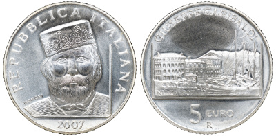 Италия 5 евро 2007 200 лет со дня рождения Джузеппе Гарибальди KM 292 серебро UNC 6-5-1-32