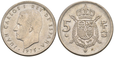 Испания 5 песет 1975 (77) Хуан Карлос I KM 809 медно-никель 4573-941