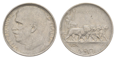 Италия 50 чентезимо 1924 редкий год - 599000 экземпляров KM 61 никель 603-142