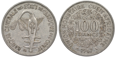Западно-Африканские штаты 100 франков 1967 КМ 4 медно-никель 25-1842