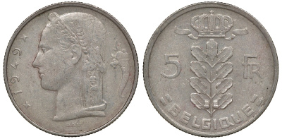 Бельгия 5 франков 1949 Леопольд III (1934-1950), Belgique KM 134.1 медно-никель 4163-522