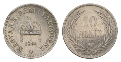 Венгрия 10 филлеров 1894 KB, Франц Иосиф (1848-1916) KM 482 никель 4658-427