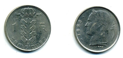 БЕЛЬГИЯ 1 ФРАНК 1980 BELGIQUE KM 142.1 медно-никель 25-1425