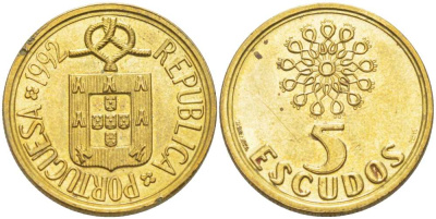 ПОРТУГАЛИЯ 5 ЭСКУДО 1992 KM 632 никель латунь XF+ 4513-1125