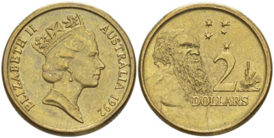 Австралия 2 доллара 1992 абориген, Елизавета II (1953-) KM 101 алюминиевая бронза 4395-1223