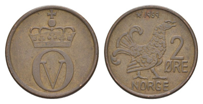 Норвегия 2 эре 1959 Улаф V (1957-1991) KM 410 бронза 4635-334