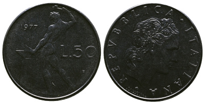 ИТАЛИЯ 50 ЛИР 1977 R, БОГ ОГНЯ ВУЛКАН У НАКОВАЛЬНИ KM 95.1 нержавеющая сталь 4384-1122