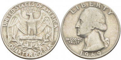 США 25 центов (квотер) 1969 Вашингтон KM 164a медь плакированная медно-никелем 3457-747
