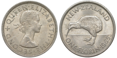 Новая Зеландия 1 флорин 1965 Елизавета II (1952-2022), птичка киви KM 28.2 медно-никель XF-UNC 51-817