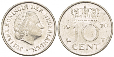 Нидерланды 10 центов 1970 Юлиана (1948-1980) KM 182 никель 4547-843