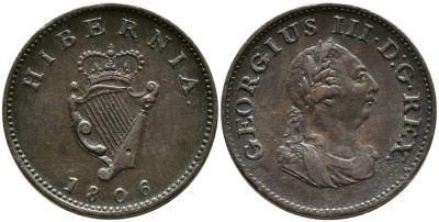 ИРЛАНДИЯ 1 ФАРТИНГ 1806 ГЕОРГ III (1760-1820) KM 146 медь 272-1532
