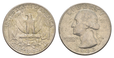 США 25 центов = квотер = 1/4 доллара 1983 P, Джордж Вашингтон KM 164a медь плакированная медно-никелем 4652-446