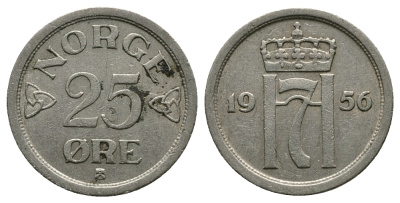 НОРВЕГИЯ 25 ЭРЕ 1956 KM 401 медно-никель 89-1522