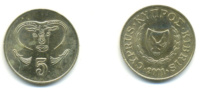 КИПР 5 ЦЕНТОВ 2001 KM 55.3 никель латунь 3999-227