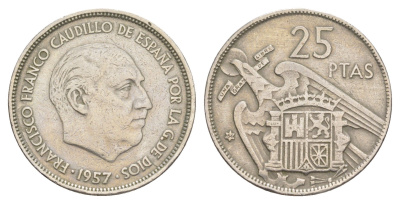 Испания 25 песет 1957 (64) Франциско Франко (1939-1975) KM 787 медно-никель 4650-131