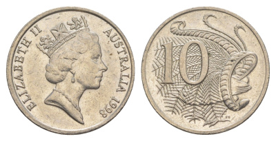Австралия 10 центов 1998 Елизавета II (1952-2022), птица лирахвост KM 81 медно-никель 4384-221