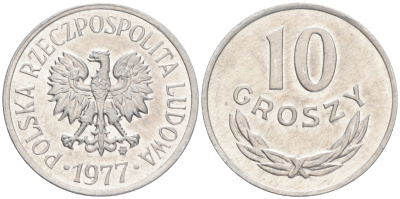 ПОЛЬША 10 ГРОШЕЙ 1977 MW KM АА47 алюминий XF-UNC 4528-1053