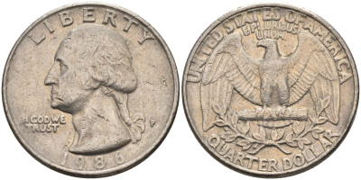 США 25 центов = квотер 1986 P, Вашингтон KM A164a медь плакированная медно-никелем 4584-1233