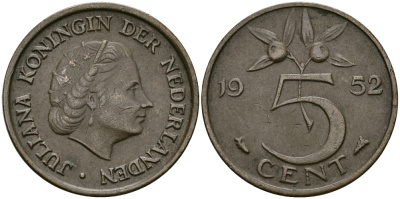 НИДЕРЛАНДЫ 5 ЦЕНТОВ 1952 ЮЛИАНА KM 181 бронза 95-251